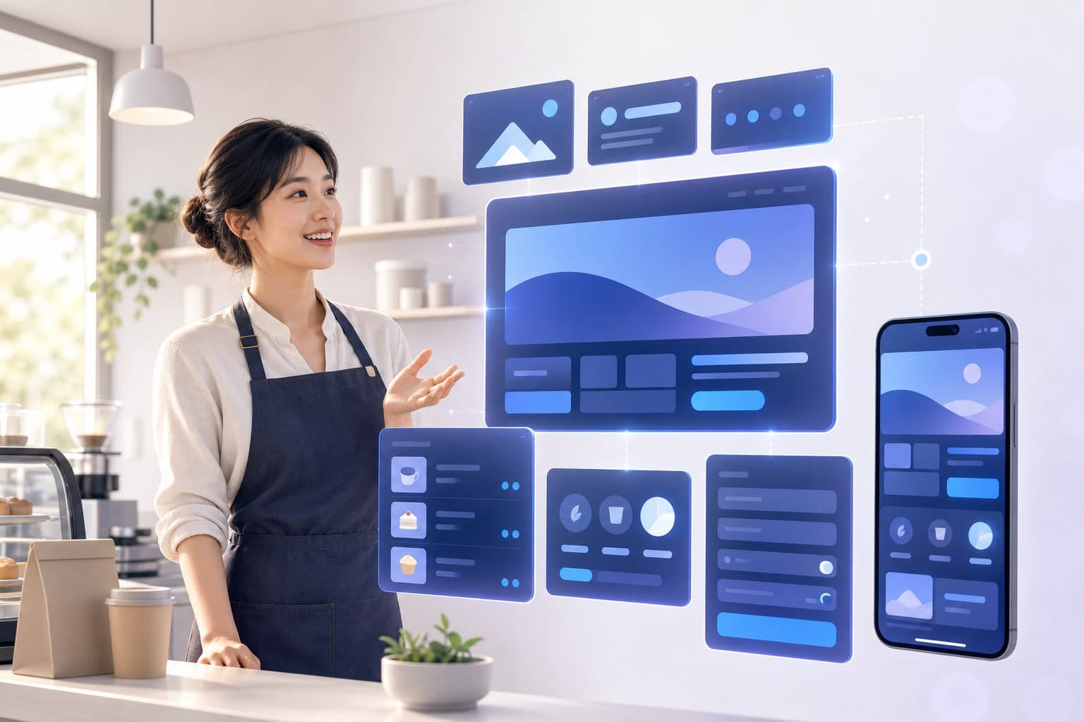 店家老闆用說的描述需求，AI 把首頁、菜單與訂位表單組成一個網站的示意圖