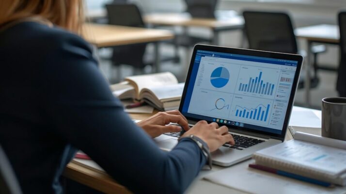 Woman working on laptop with charts and graphs.
