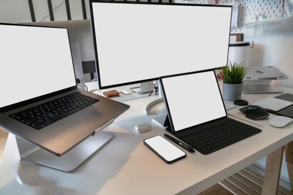a desk with two laptops and a phone on it